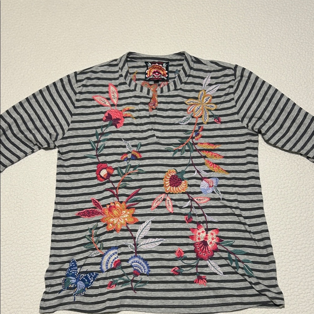 Johnny Was Gray Striped Top with Floral Embroidery - S